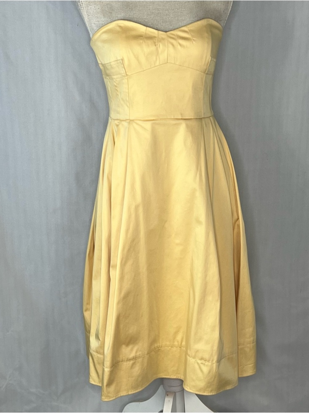 Calvin Klein Dress Strapless Yellow Polished Cotton Pleated Skirt Pockets 4 👍